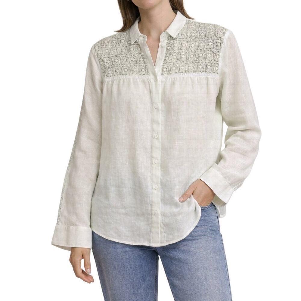 120% Lino Linen Crochet Lace Button Down Shirt Light Green EU 46 Large